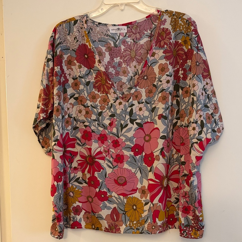 Natural Life Women’s Floral‎ V-Neck Oversized Bohemian Lightweight Blouse, large